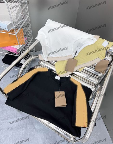 xinxinbuy Herren Designer T-Shirt 23SS Plaid Band Schulter Buchstabe Jacquard Stoff Kurzarm Baumwolle Damen Weiß Schwarz XS-2XL