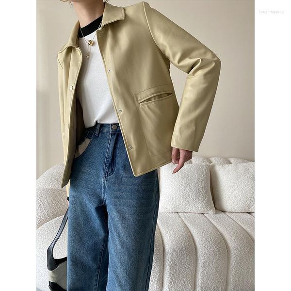 Jackets femininos de couro de couro pu bolsos de casaco de mangas cheias de mangas cheias de roupas de cor solta