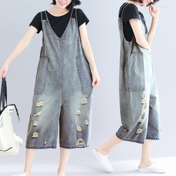 Damen-Overalls, Damen-Strampler, Onesies, Korea-Stil, Mode, Sommer, Herbst, blaues Loch, Jeans-Overall, lässige Tasche, Denim, breite Beine, 2023