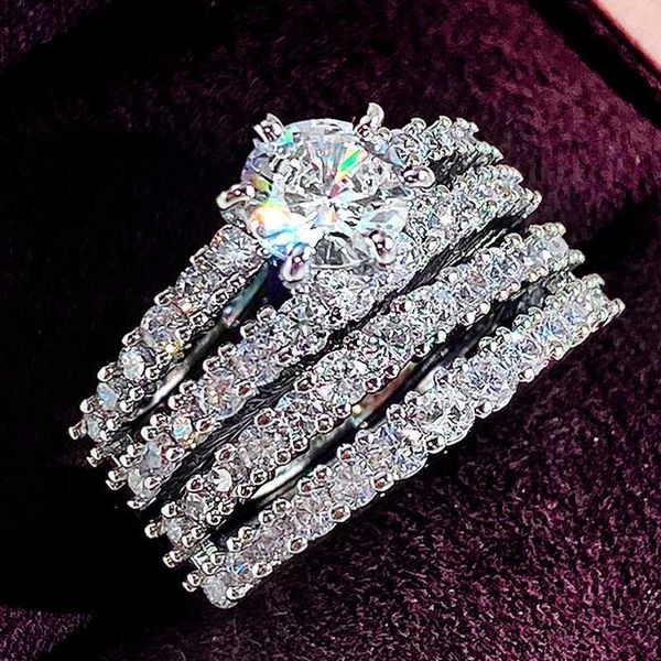 Bandringe Huitan Hot Trendy 2 Stücke 3 Stücke Set Ringe für Frauen Luxus Silber Farbe Brilliant Zirkonia Hochzeit Verlobung Ewigkeit Schmuck J230531