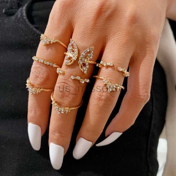 Band Ringe Böhmischen Zirkon Gold Farbe Schmetterling Ringe Set Für Frauen Mode Glänzenden Kristall Geometrische Mond Blume Knuckle Finger Ring schmuck J230531