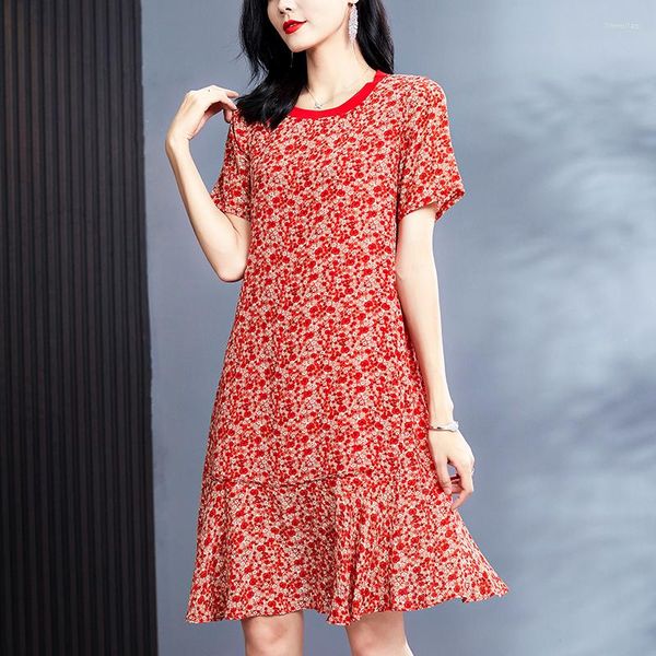 Casual Kleider Echte Seide frauen Rot 2023 Sommer Elegante Oansatz Kurzarm Rüschen Frauen Kleid Floral Frau A-linie