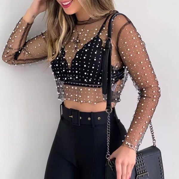 Camicette da donna T-shirt a rete trasparente con strass di perle Crop Top Temperament Lady See Through Manica lunga Camicetta corta slim fit Clubwear