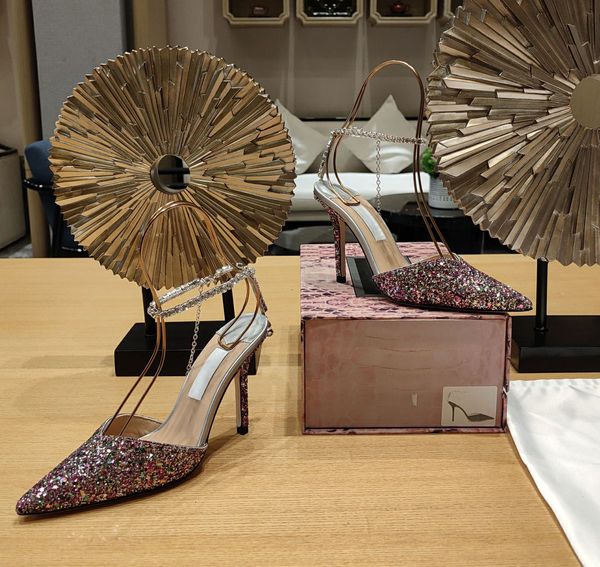 Acessórios de cristal sandálias de salto alto sapatos apontados tornozelo de diamante espumante Design elegante da marca de moda clássica Série de designers Shoebox Factory