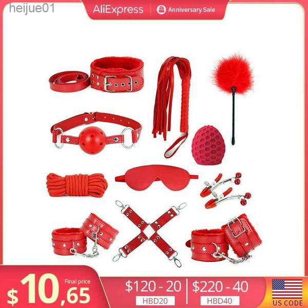 Giocattoli per adulti BDSM Bondage Kit Set di bondage in pelle Kit di ritenuta Giochi di sesso per adulti Giocattoli erotici per donne Coppie Schiavo Manette Frusta Sculacciata L230518