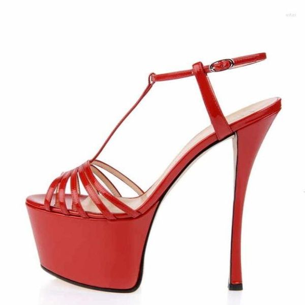 Sandali Fashion Red Leather Cross Strap Gladiator Heels Shoes Peep Toe Cut-out High Platform Patchwork Dress