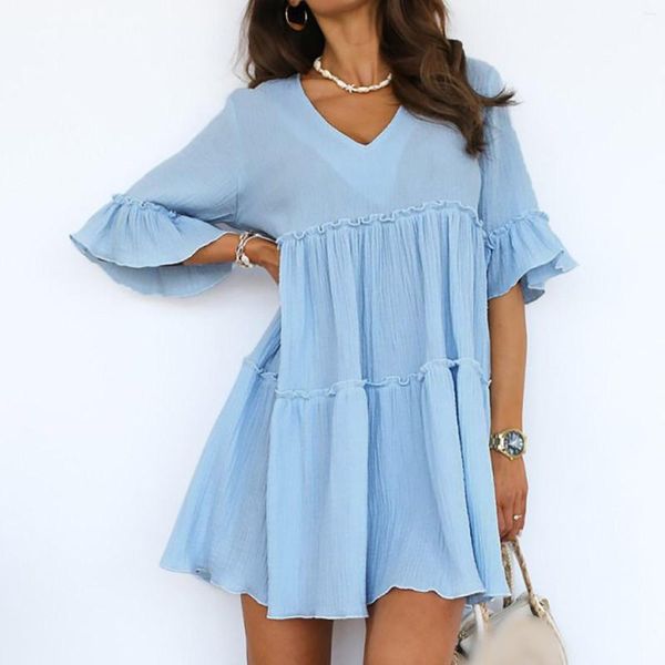 Abiti casual Summer Petal Sleeve Boho Holiday Dress For Women Elegant Cotton Fold Pieghettato Loose Party A Line Ruffle Tiered Swing