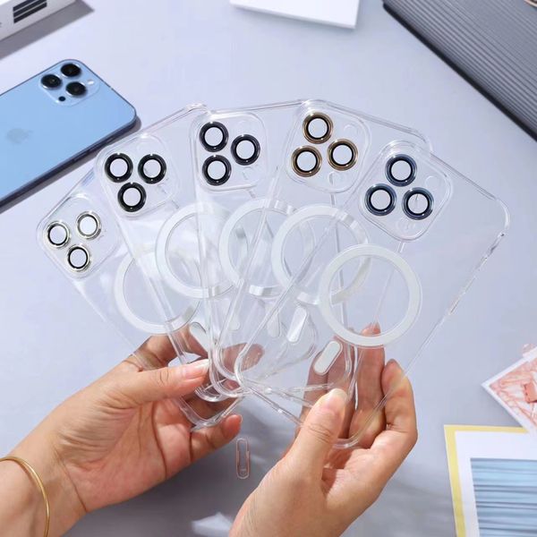 Kameraobjektiv Glas Bildschirmschutz Transparent Magsafe Magnetische kabellose Ladehüllen Weiche Silikon stoßfeste Abdeckung für iPhone 15 14 13 12 11 Pro Max Plus