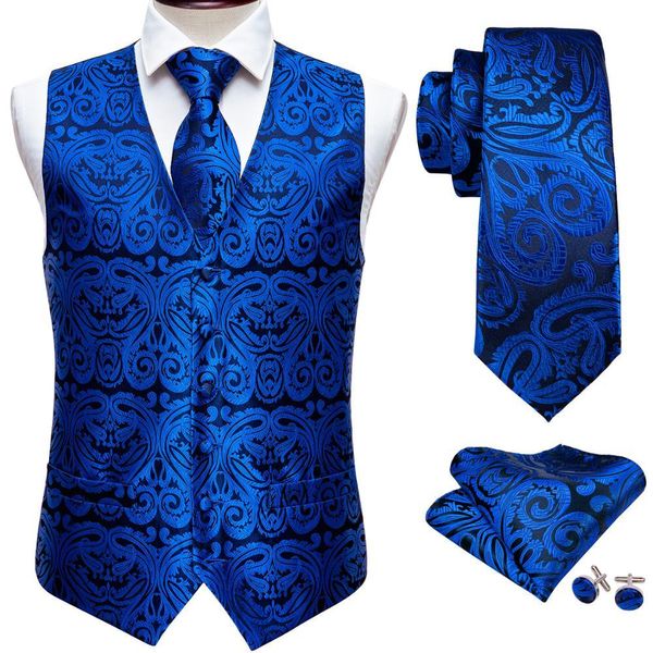 Gilet Designer Uomo Roral Blu Paisley Jacquard Folral Gilet di seta Gilet Fazzoletto Cravatta Completo Gilet Fazzoletto da taschino Set Barry.Wang