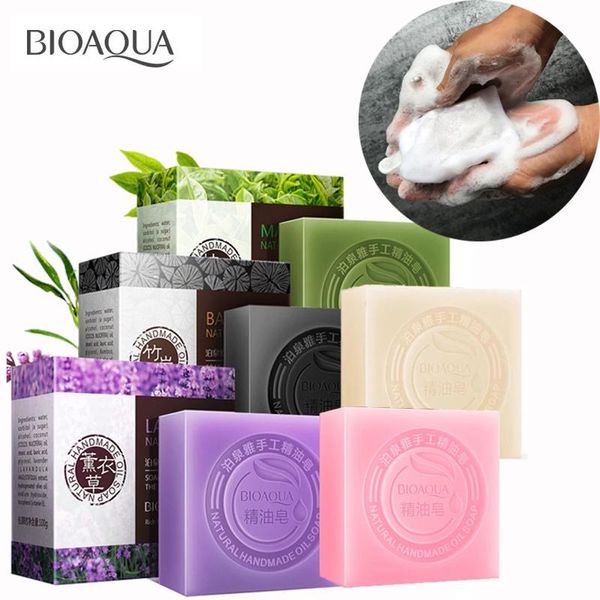 Detergenti 6pcs bioaqua olio essenziale naturale sapone per il corpo pulitore sbiancante a base di capra a base di capra di capra rosa in bambù sapone fatto a mano