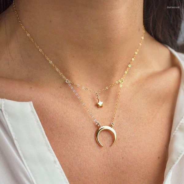 Collares colgantes ALYXUY, Gargantilla de pentagrama de doble capa, collar de estrella, Luna, clavícula, regalo, joyería encantadora romántica para mujeres y niñas