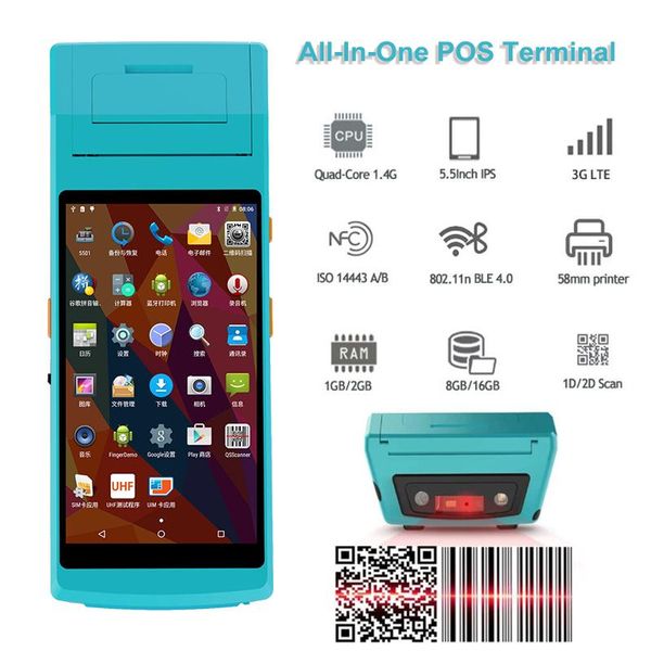 Impressoras portátil PDA Android com impressora térmica embutida 2D Código QR PDA Scanner de código de barras e terminal POS da impressora