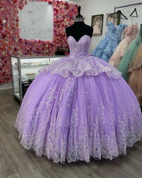 Elegante lilás renda vestidos de Anos quinceanera vestidos lantejoulas méxicas meninas mexicanas doces de aniversário vestidos de baile