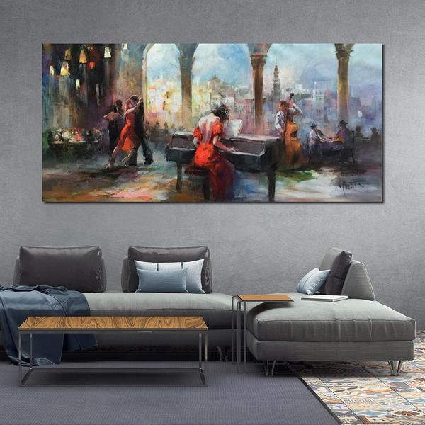 Arte em tela grande feita à mão Willem Haenraets pintura a óleo impressionista skyline sala de música para decoração de parede doméstica