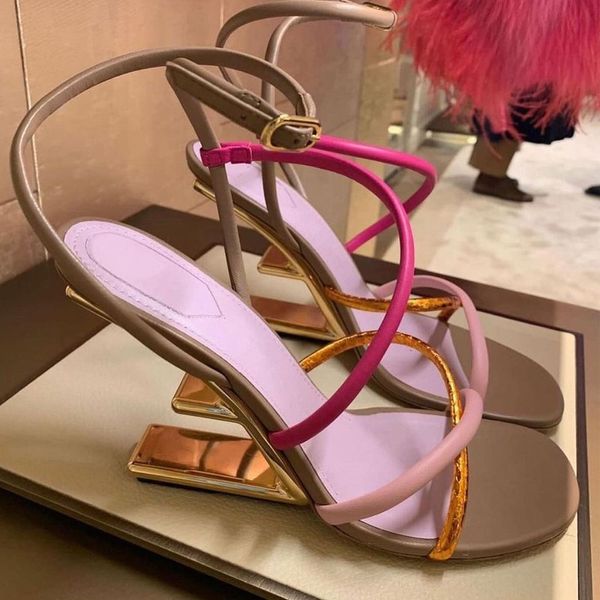 Carino rosa donne sandali cinghie tacco alto scarpe eleganti tacco strano femminile estate gladiatore sandalo pompe di promenade zeppe grande taglia 42
