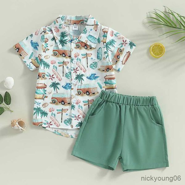 Kleidungssets für Kinder, Baby-Jungen-Outfits, Sommer-Bus-Kokosnussbaum-Druck, kurzärmliges Hemd mit Knöpfen und lässige elastische Shorts-Set