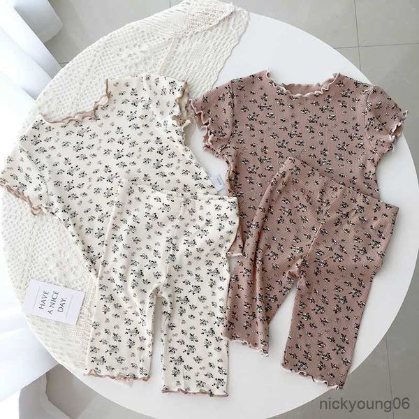 Conjuntos de roupas bebê menina camisola floral terno completo estampado camisetas verão 2 peças meninas moda pijama de manga curta conjunto para uso doméstico