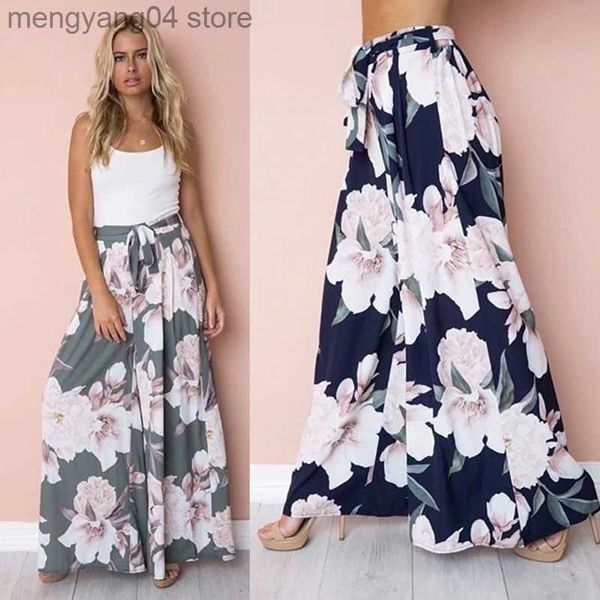 Frauenhose Capris lässige Frauen Lose Hosen Y2K Blumendrucke Palazzo Hosen hohe Taille Schnürung Weitbein lässige weibliche weibliche Langhosen Boho Hosen T230531