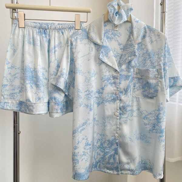 Женская женская снаряда со спальной одеждой Ice Blue Pajamas Женская шелковая кардигана тонкие шорты с коротки