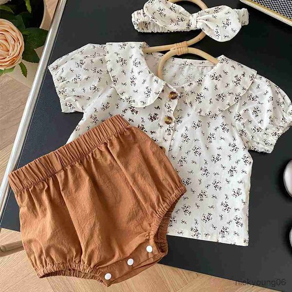 Conjuntos de roupas para bebê menina verão conjunto de algodão floral camisas e calças curtas 2 peças princesa primeiro aniversário roupas infantis com faixa de cabeça