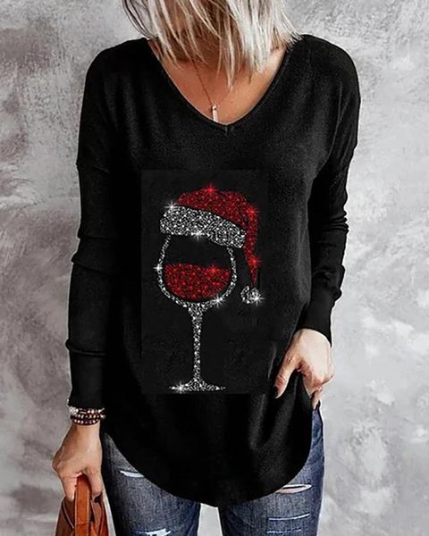 Camicette da donna 2023 Cappello natalizio Bicchieri da vino Stampa Top manica lunga Camicetta oversize moda donna T-shirt vintage