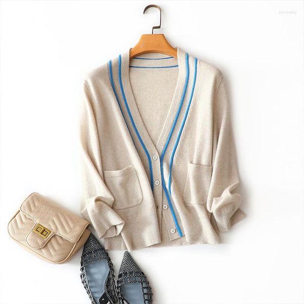 Maglieria da donna Autunno Inverno Cashmere Cardigan con scollo a V Capispalla da donna con tasche a contrasto Europa Fashion Design Cappotto corto chic