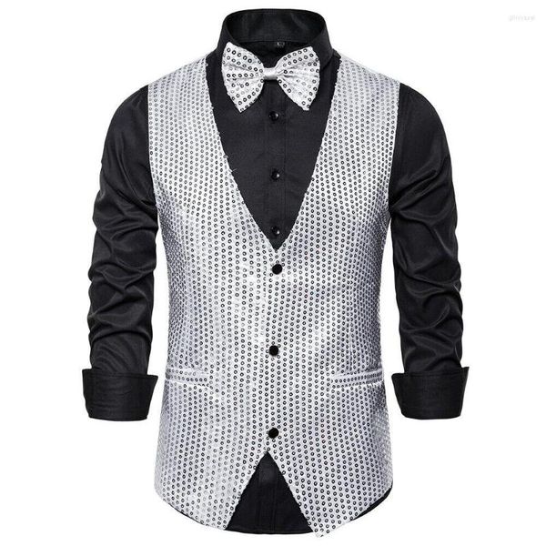 Herrenwesten Hochzeitsweste Schleife Weste Homme Styles Gilet Bühne Herren Klassisch 2-teiliger Anzug 6 Silber Schwarz Show Glänzende Pailletten Gold Blau