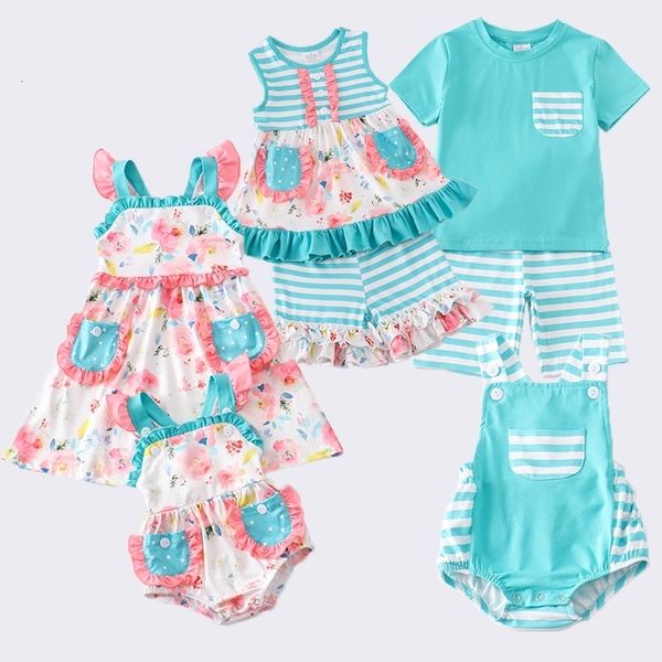 Família combinando roupas Girlymax Summer Sibling Listrpe Baby Girls Dress Garotas Lidra Floral Capris Conjunto Ruffles Rodper Kids Clothing 230530