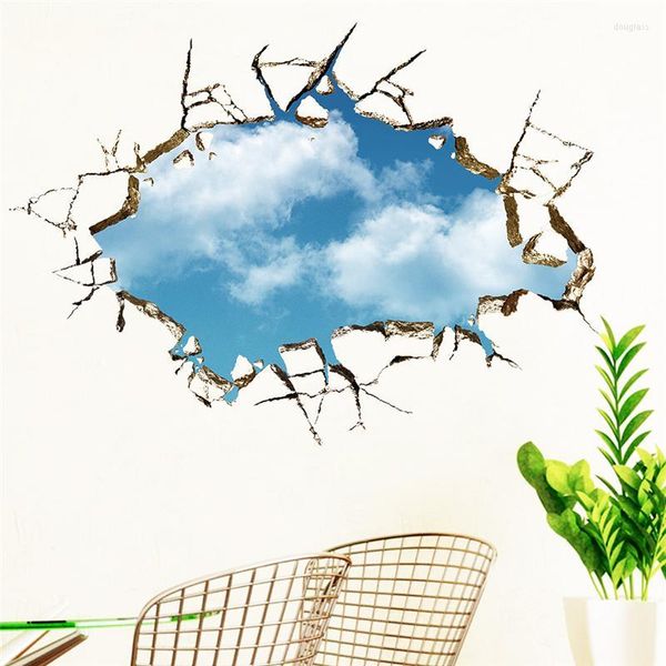 Adesivos de parede azul céu nuvem 3d adesivo de buraco quebrado quarto decoração de decalques domésticos diy decalques de pvc cenário de arte mural e stick