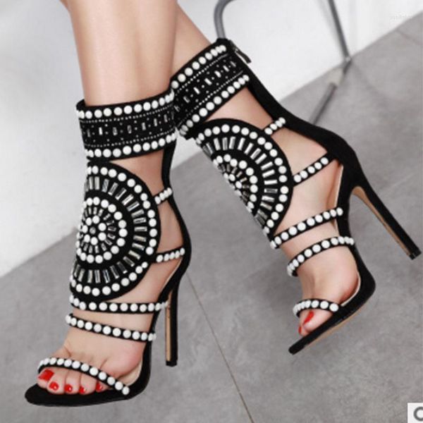 Sandálias abertas de pé de strassnes design de salto alto e tornozelo de cristal de cristal Gladiator Women Sandalsdyu8