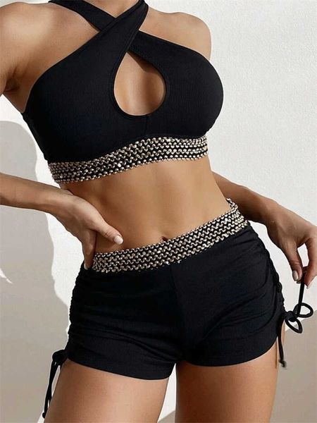 Conjunto de biquíni de cintura alta feminino 2023 novo liso preto com alças duas peças para praia menina verão P230530