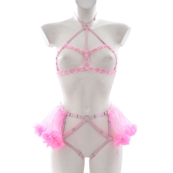 Conjuntos de sutiãs feminino sexy renda rosa sutiã ajustável top cropped gaiola aberta no peito sutiã bondage body arnês lingerie cinto