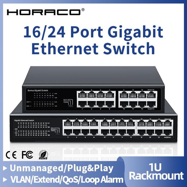 Control Horaco 16/24 Porta Gigabit Ethernet Switch 1000Mbps Rede Fast Switter Switter Hub Splitter Internet com alarme VLAN QoS Loop