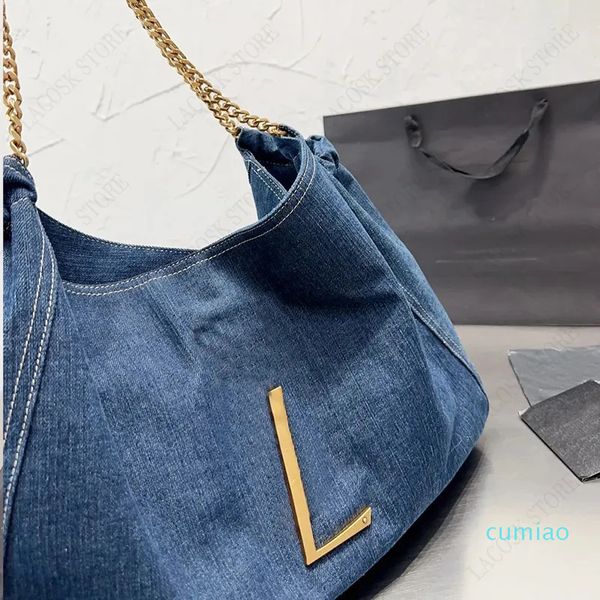 2023-Oversize Canvas Shopping Totes Donna Catena Lage Capacità Borse Borsa a tracolla in denim da spiaggia Lettera d'oro Crossbody