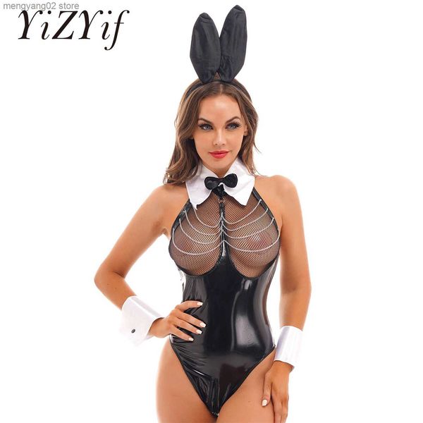 Sexy Set Sexy süßes Halloween Bunny Girl Cosplay Come Kunstleder Kaninchen Frau Set Mesh Brust Reißverschluss Schritt Body Fancy Dress Up T230531