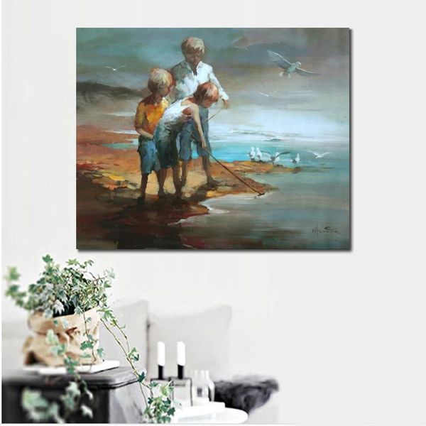 Pintura a óleo de paisagem impressionista de Willem Haenraets feita à mão de Childeren no mar para decoração de quarto