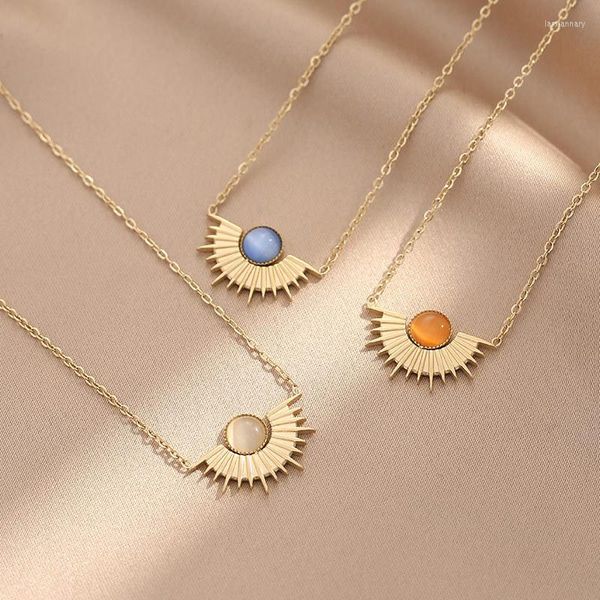 Anhänger Halsketten Vintage Naturstein Sonnenblume Goldfarbe Edelstahl Halskette Böhmischer Schmuck für Frauen Geschenk