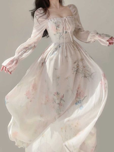 Vestido de festa floral para mulheres 2023 moda francês elegante manga longa vestido midi chique casual gola quadrada vestido de chiffon