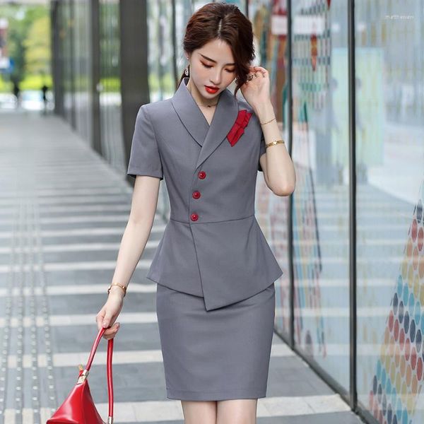 Deux pièces robe été mode jolie pochette femmes jupe costumes à manches courtes veste bureau dames travail affaires ensemble Salon de beauté uniforme