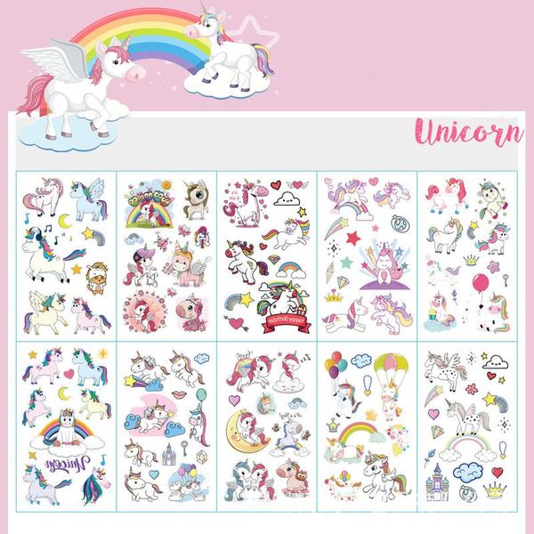 Tatuaggi 10 pz/lotto Set di tatuaggi unicorno a colori viso tatuaggio temporaneo bambino adesivo tatuaggio corpo Tatoo per bambini tatuaggi carini per bambini