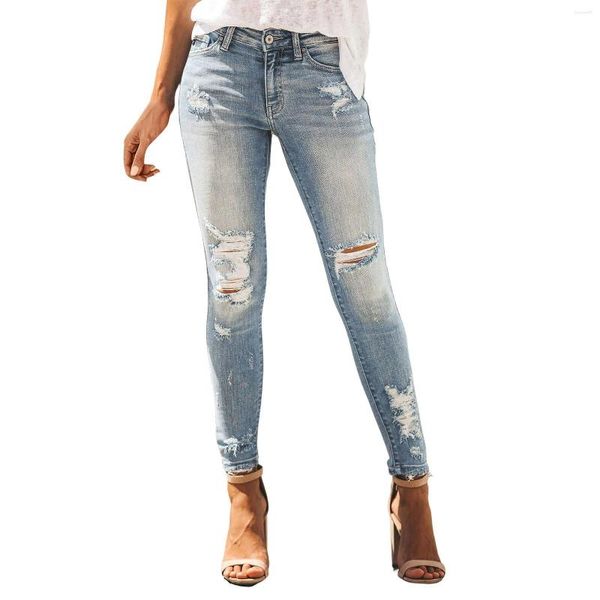 Jeans da donna Pantaloni da donna elasticizzati in denim strappati slim fit sfilacciati taglio consumato nappa pantaloni a matita a vita alta