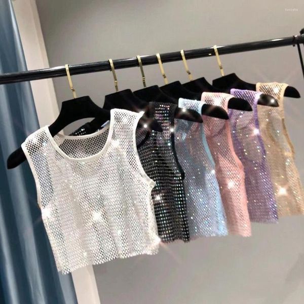 Kadın Tankları Kadın Saf Bling Tank Tops Mesh Fishnet kolsuz yelek içi boş flaş flaşlı elmas gömlek seksi kristal boncuk parlak