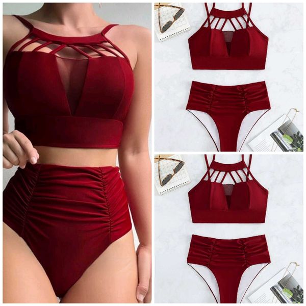 2023 Bikini arruffato con taglio a vita alta Costume da bagno da donna rosso solido da spiaggia Costume da bagno P230530