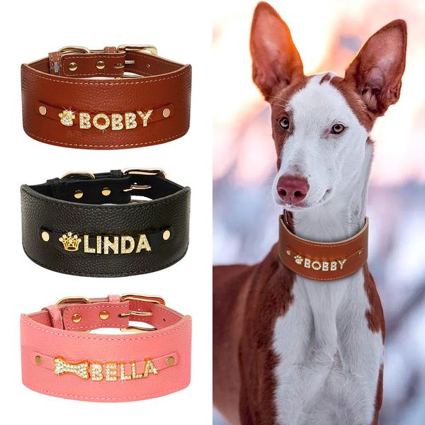 Coleiras personalizadas coleira de cachorro couro pu coleiras largas para cães galgo bling strass carta charme acessórios osso coração pingente