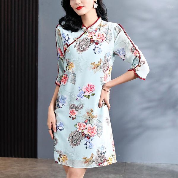 Abiti casual Cheongsam da donna in vera seta naturale estiva Elegante abito da donna con stampa floreale a mezza manica con collo alla coreana