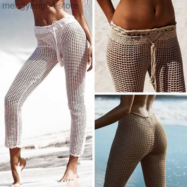 Pantaloni da donna Capris Ins Explosion Beach Fatti a mano all'uncinetto Scava fuori dalla fasciatura Elastico in vita Pantaloni a conchiglia Protezione solare Rete da pesca Pantaloni T230531