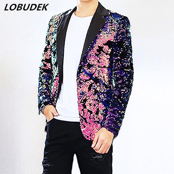 Blazers lançando lantejoulas roxo rosa masculino blazers casaco brilhante paillette jaqueta outerwear boate cantor palco traje anfitrião outfit