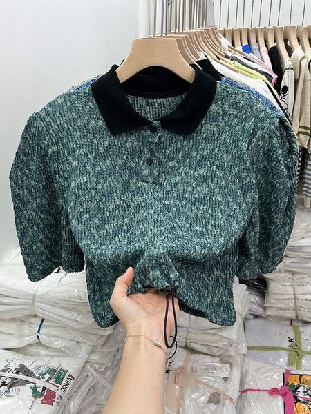 Kadın Tişörtleri Kadın Yeşil Tişört Vintage Harajuku Gri mahsul Kore Y2K Giysileri Sokak Giyim 2023 Yaz Polo-Neck T-Shirts Mavi