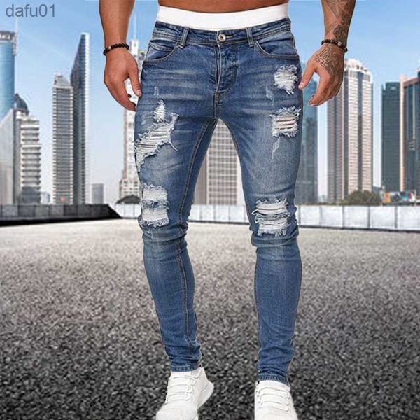 Pantaloni da uomo Jeans skinny strappati Moda uomo Pantaloni streetwear Pantalones Hombre Pantaloni casual neri slim fit in denim Blu Jean Homme S-3XL L230520