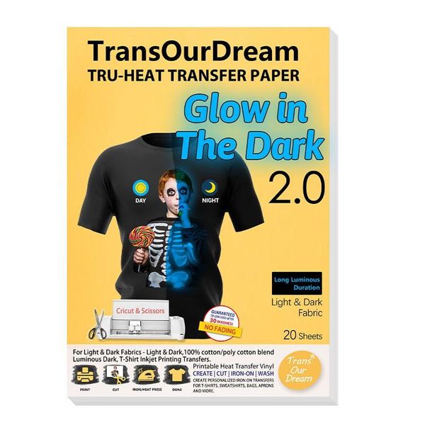 Papel transourdream a4 12heets brilha no escuro 2.0 ferro azul em papel de transferência de calor para tecidos escuros escuros t camisetas a jato de tinta